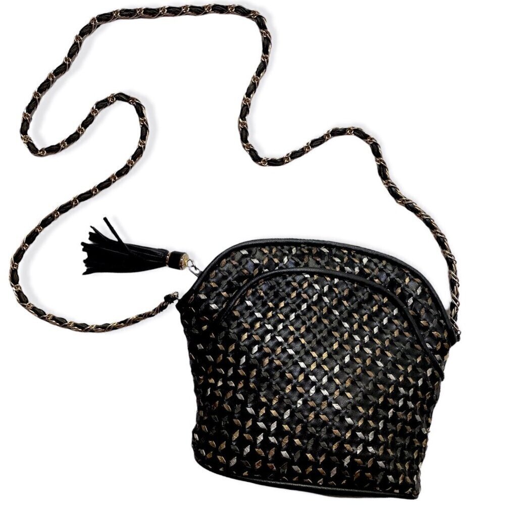 90s VTG Saddle River Black Purse Silver Gold Copper Weave Goldtone  Twist Strap